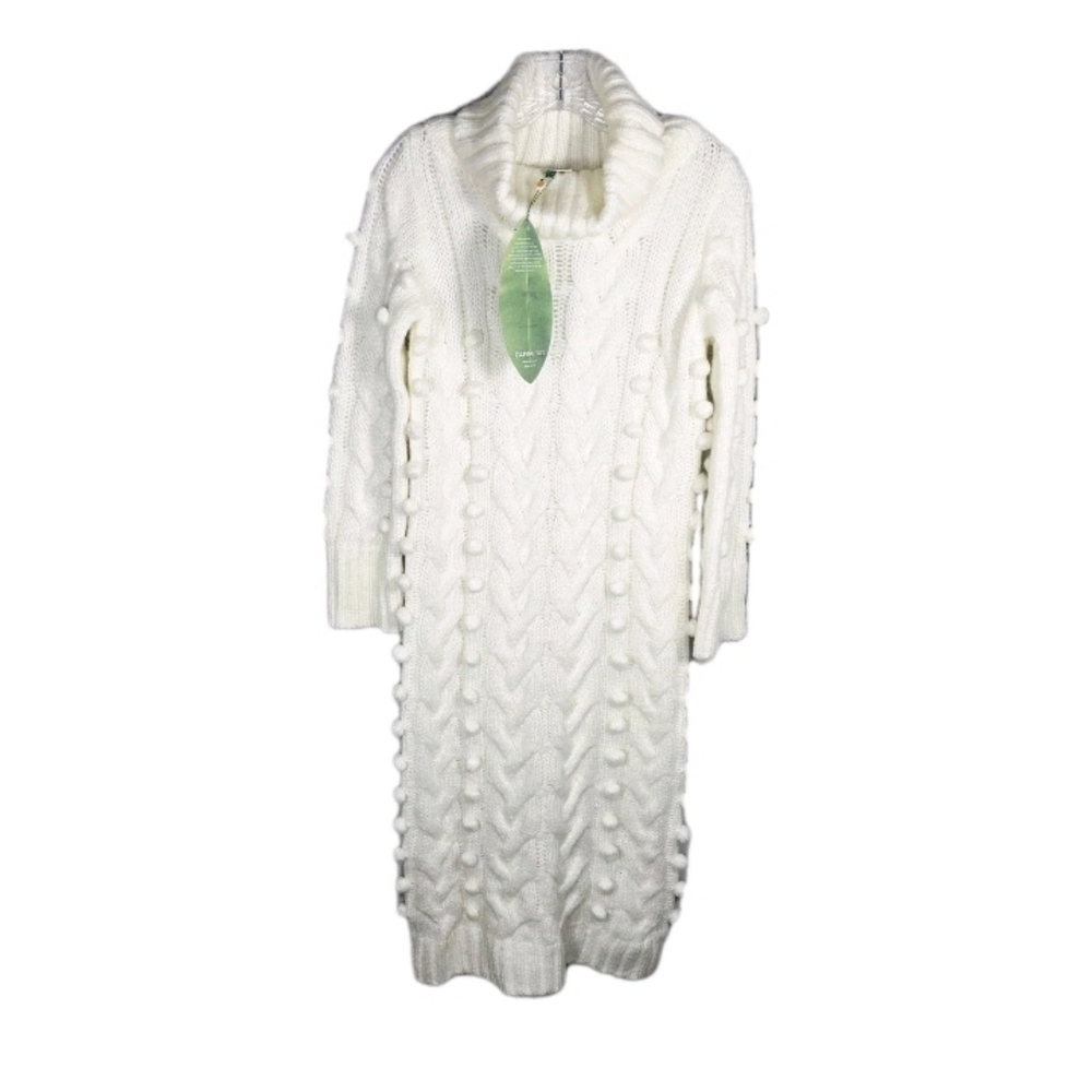 New Farm Rio Womens Chunky Cable Knit Dress Size XXS Ivory PomPom Embellished